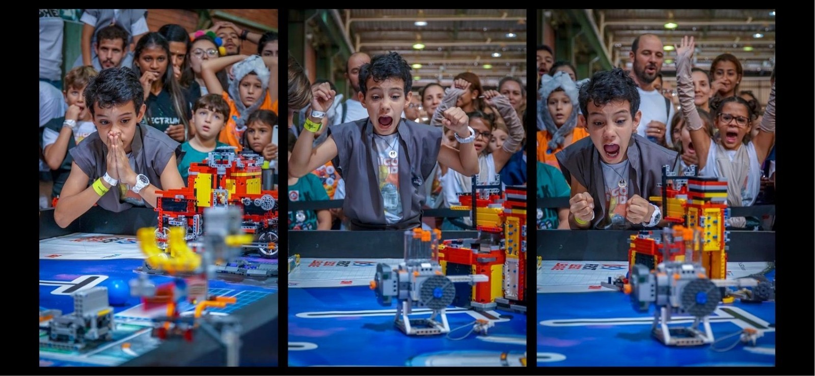 Estudante da DHEL vivendo uma partida de robótica LEGO — da concentração à comemoração — com o público ao fundo